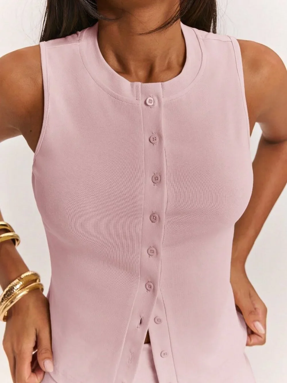 Pink Casual Knit Women's button down knit Top & Low‑Waist Mini Skirt Set
